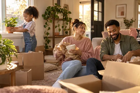 Illustrative family unpacking in a home